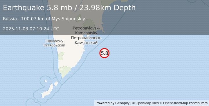 Earthquake 135 km SE of Petropavlovsk-Kamchatsky, Russia (5.8 mb) (2025-11-03 07:10:24 UTC)