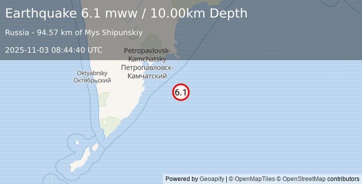 Earthquake 135 km SE of Petropavlovsk-Kamchatsky, Russia (6.1 mww) (2025-11-03 08:44:40 UTC)