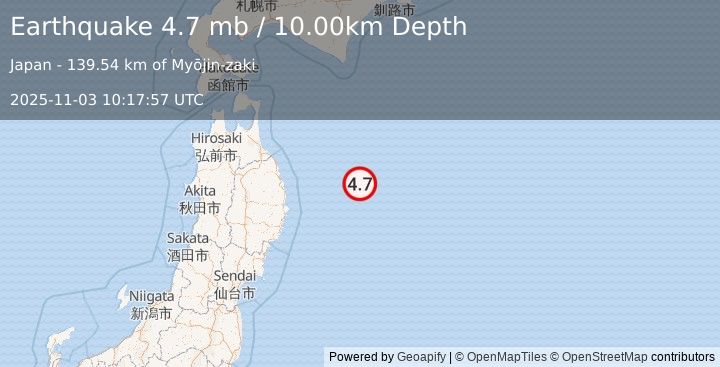 Earthquake 148 km ENE of Miyako, Japan (4.7 mb) (2025-11-03 10:17:57 UTC)