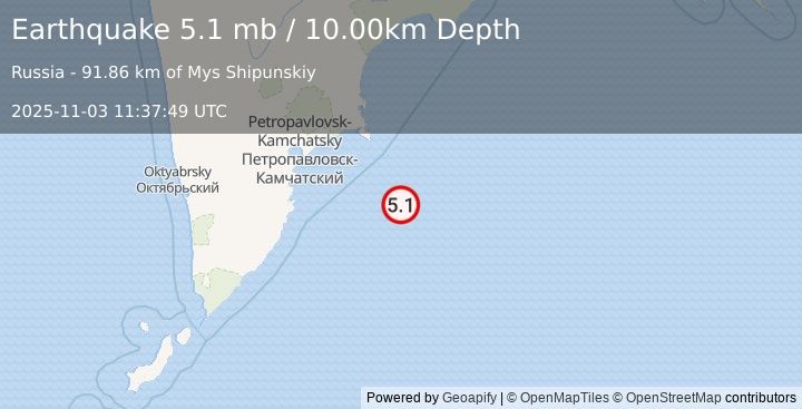 Earthquake 157 km ESE of Petropavlovsk-Kamchatsky, Russia (5.1 mb) (2025-11-03 11:37:49 UTC)