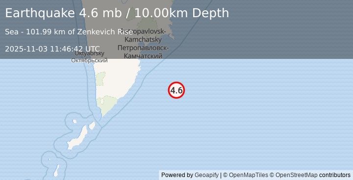 Earthquake 177 km SE of Vilyuchinsk, Russia (4.6 mb) (2025-11-03 11:46:42 UTC)
