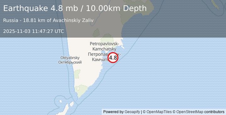 Earthquake 53 km SE of Petropavlovsk-Kamchatsky, Russia (4.8 mb) (2025-11-03 11:47:27 UTC)