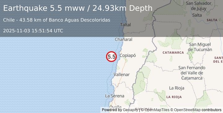 Earthquake 113 km W of Copiapó, Chile (5.5 mww) (2025-11-03 15:51:54 UTC)
