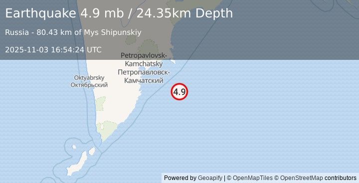 Earthquake 131 km SE of Petropavlovsk-Kamchatsky, Russia (4.9 mb) (2025-11-03 16:54:24 UTC)