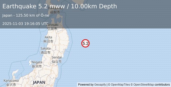 Earthquake 136 km E of Yamada, Japan (5.2 mww) (2025-11-03 19:16:05 UTC)