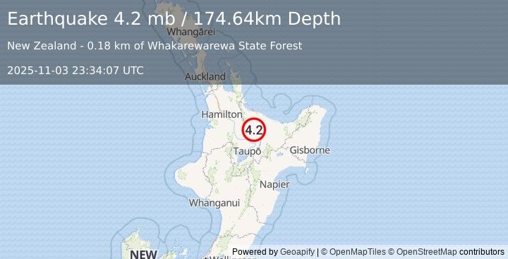 Earthquake 1 km S of Ohinemutu, New Zealand (4.2 mb) (2025-11-03 23:34:07 UTC)