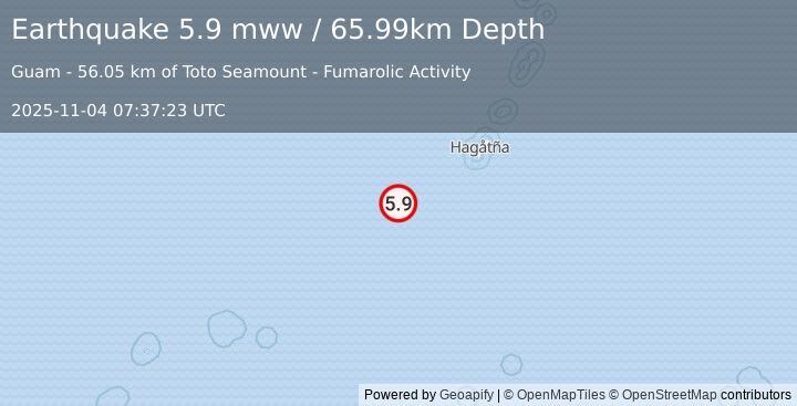 Earthquake 192 km WSW of Merizo Village, Guam (5.9 mww) (2025-11-04 07:37:23 UTC)