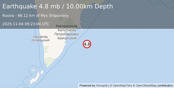 Earthquake 147 km ESE of Petropavlovsk-Kamchatsky, Russia (4.8 mb) (2025-11-04 09:23:04 UTC)