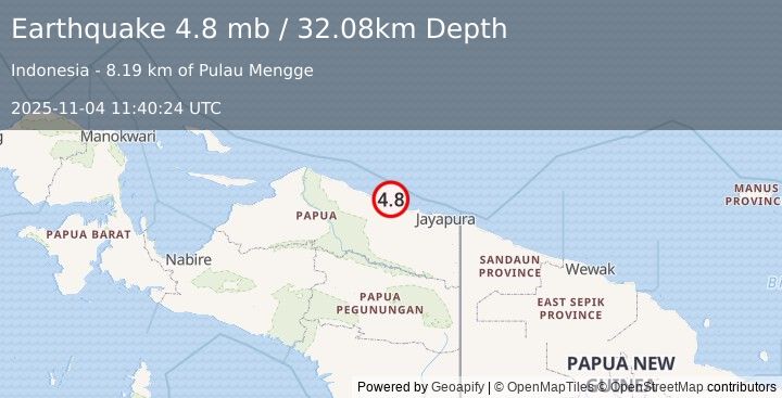 Earthquake 125 km WNW of Abepura, Indonesia (4.8 mb) (2025-11-04 11:40:24 UTC)