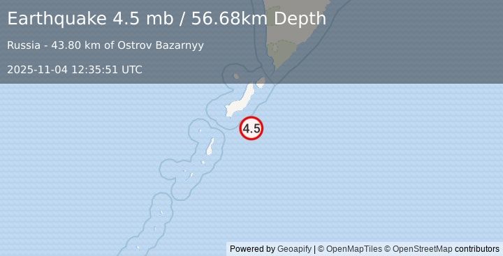 Earthquake 94 km S of Severo-Kuril’sk, Russia (4.5 mb) (2025-11-04 12:35:51 UTC)