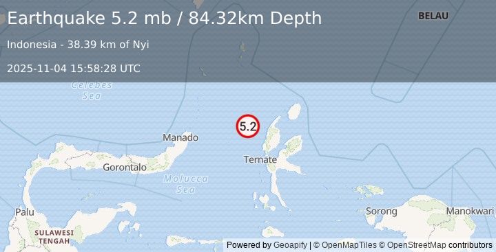 Earthquake 113 km W of Tobelo, Indonesia (5.2 mb) (2025-11-04 15:58:28 UTC)