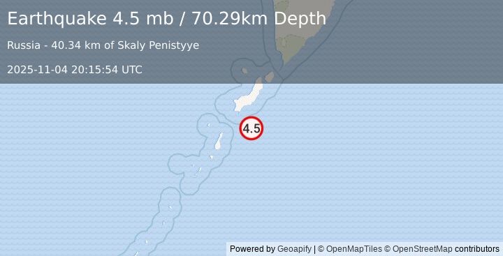 Earthquake 108 km SSW of Severo-Kuril’sk, Russia (4.5 mb) (2025-11-04 20:15:54 UTC)