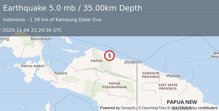 Earthquake 188 km WNW of Abepura, Indonesia (5.0 mb) (2025-11-04 21:29:36 UTC)