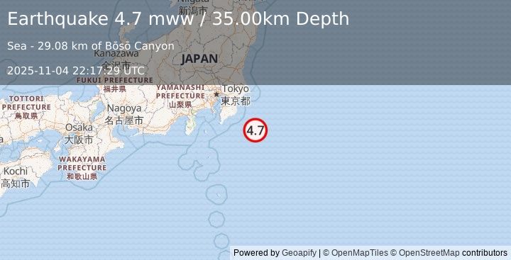 Earthquake 72 km SE of Shinmachi, Japan (4.7 mww) (2025-11-04 22:17:29 UTC)