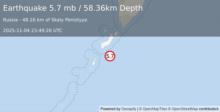 Earthquake 108 km S of Severo-Kuril’sk, Russia (5.7 mb) (2025-11-04 23:49:26 UTC)