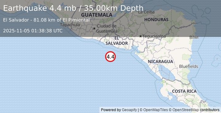 Earthquake 87 km S of La Libertad, El Salvador (4.4 mb) (2025-11-05 01:38:38 UTC)