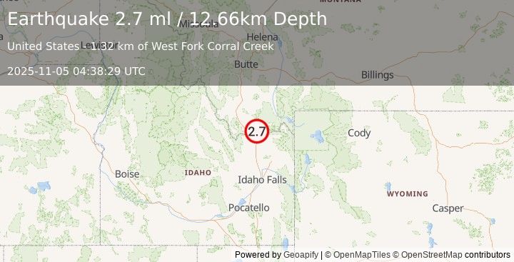 Earthquake 22 km N of Spencer, Idaho (2.7 ml) (2025-11-05 04:38:29 UTC)