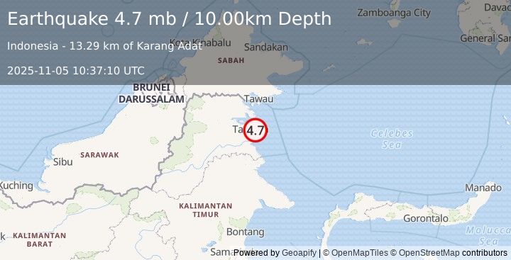 Earthquake 22 km ESE of Tarakan, Indonesia (4.7 mb) (2025-11-05 10:37:10 UTC)