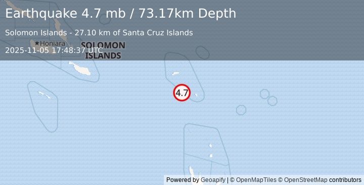 Earthquake 103 km SSE of Lata, Solomon Islands (4.7 mb) (2025-11-05 17:48:37 UTC)
