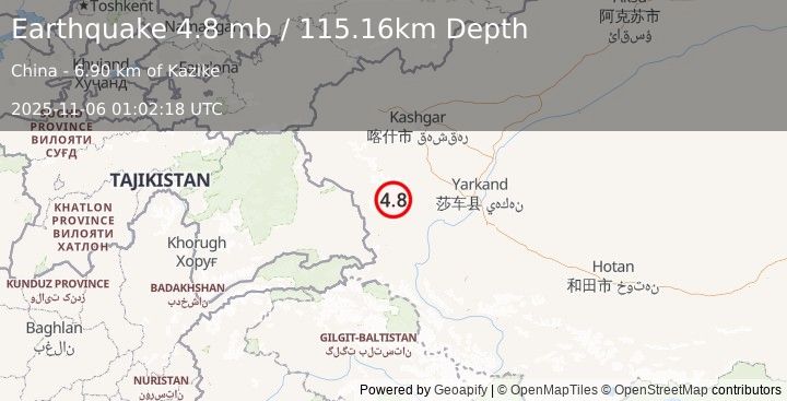 Earthquake 114 km WNW of Damusi, China (4.8 mb) (2025-11-06 01:02:18 UTC)