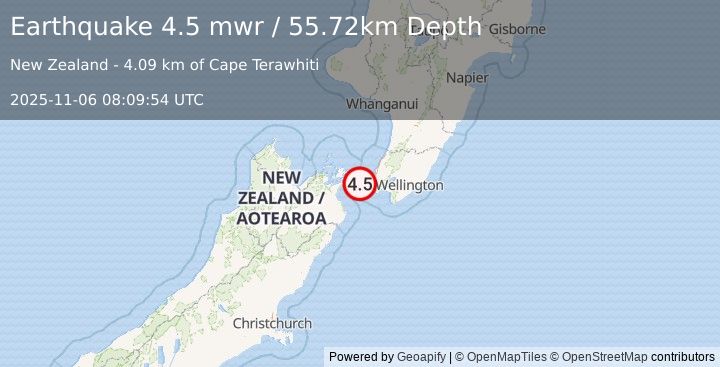 Earthquake 15 km W of Karori, New Zealand (4.5 mwr) (2025-11-06 08:09:54 UTC)