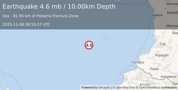 Earthquake off the coast of Central America (4.6 mb) (2025-11-06 08:55:57 UTC)