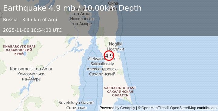 Earthquake 46 km NE of Mgachi, Russia (4.9 mb) (2025-11-06 10:54:00 UTC)