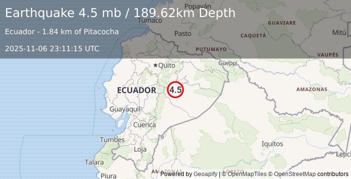 Earthquake 42 km SSE of Tena, Ecuador (4.5 mb) (2025-11-06 23:11:15 UTC)