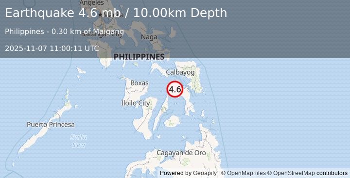 Earthquake 1 km W of Tabango, Philippines (4.6 mb) (2025-11-07 11:00:11 UTC)