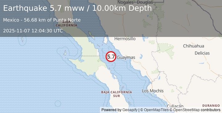 Earthquake 75 km NNE of Santa Rosalía, Mexico (5.7 mww) (2025-11-07 12:04:30 UTC)