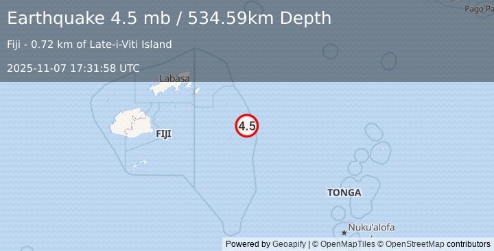 Earthquake 251 km E of Levuka, Fiji (4.5 mb) (2025-11-07 17:31:58 UTC)