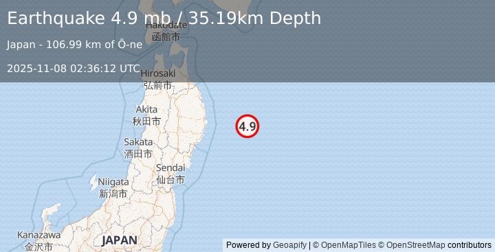 Earthquake 118 km E of Yamada, Japan (4.9 mb) (2025-11-08 02:36:12 UTC)