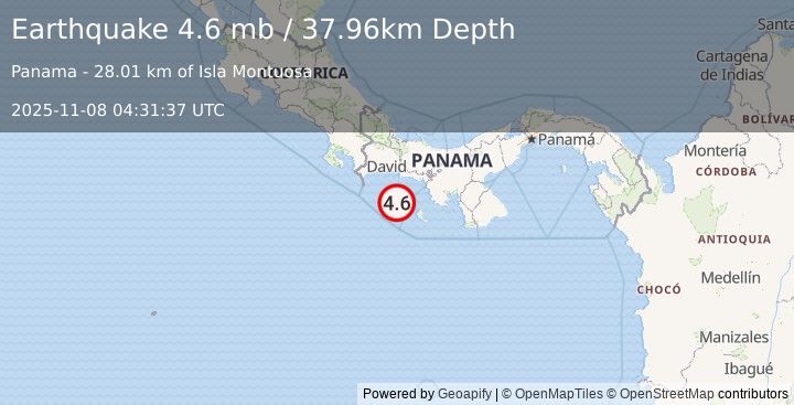 Earthquake 55 km S of Boca Chica, Panama (4.6 mb) (2025-11-08 04:31:37 UTC)