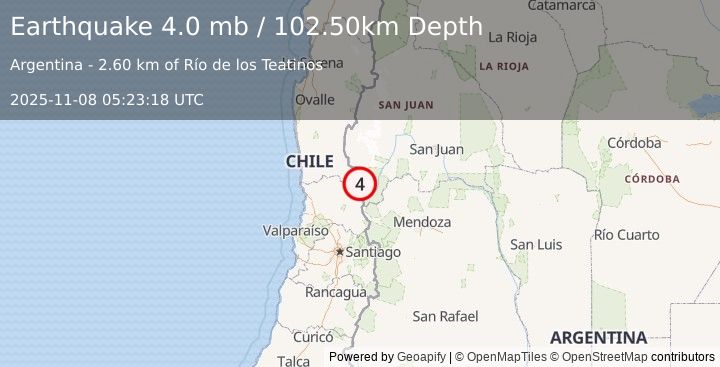 Earthquake 79 km NE of San Felipe, Chile (4.0 mb) (2025-11-08 05:23:18 UTC)