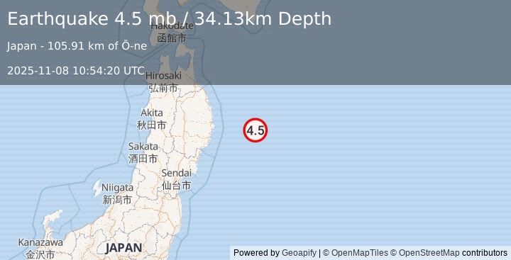 Earthquake 117 km E of Yamada, Japan (4.5 mb) (2025-11-08 10:54:20 UTC)