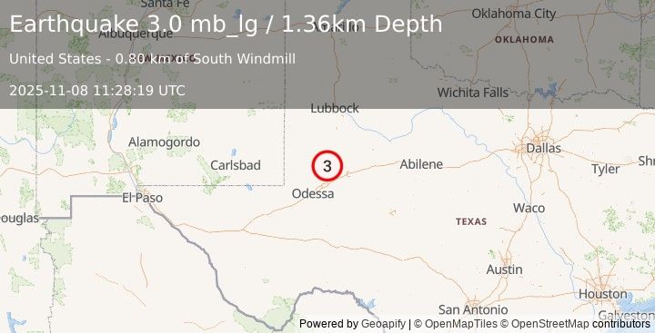 Earthquake 31 km WSW of Ackerly, Texas (3.0 mb_lg) (2025-11-08 11:28:19 UTC)