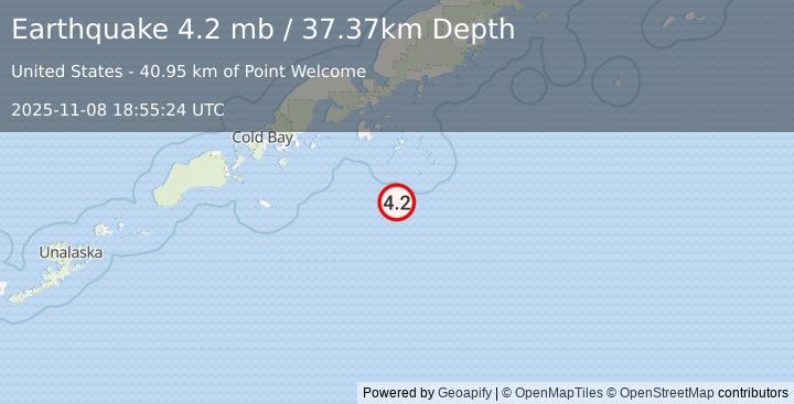 Earthquake 102 km SSE of Sand Point, Alaska (4.2 mb) (2025-11-08 18:55:24 UTC)
