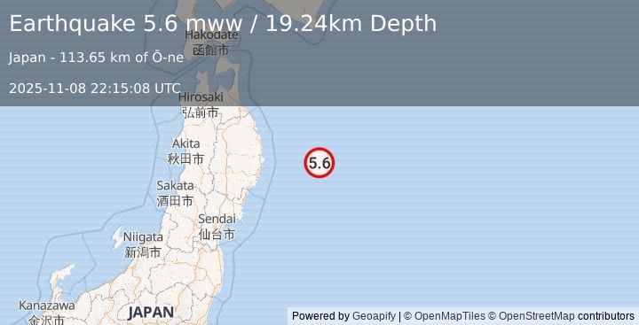 Earthquake 125 km E of Yamada, Japan (5.6 mww) (2025-11-08 22:15:08 UTC)