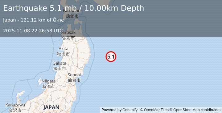Earthquake 132 km E of Yamada, Japan (5.1 mb) (2025-11-08 22:26:58 UTC)
