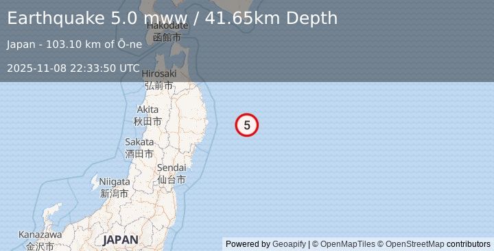 Earthquake 114 km E of Yamada, Japan (5.0 mww) (2025-11-08 22:33:50 UTC)
