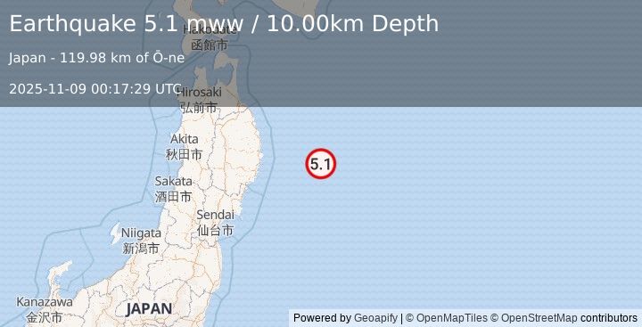 Earthquake 131 km E of Yamada, Japan (5.1 mww) (2025-11-09 00:17:29 UTC)