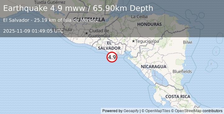 Earthquake 35 km SSW of Puerto El Triunfo, El Salvador (4.9 mww) (2025-11-09 01:49:05 UTC)