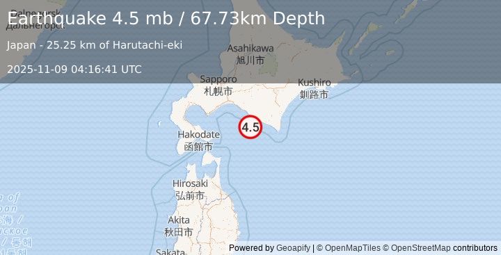 Earthquake 29 km S of Shizunai-furukawachō, Japan (4.5 mb) (2025-11-09 04:16:41 UTC)