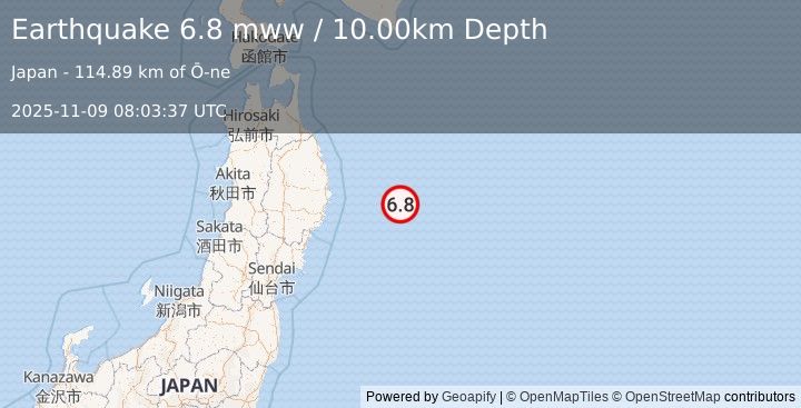 Earthquake 126 km E of Yamada, Japan (6.8 mww) (2025-11-09 08:03:37 UTC)