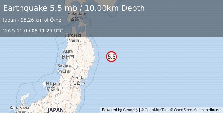 Earthquake 107 km E of Yamada, Japan (5.5 mb) (2025-11-09 08:11:25 UTC)
