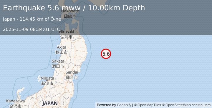Earthquake 125 km E of Yamada, Japan (5.6 mww) (2025-11-09 08:34:01 UTC)