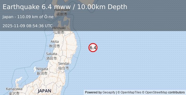 Earthquake 121 km E of Yamada, Japan (6.4 mww) (2025-11-09 08:54:36 UTC)