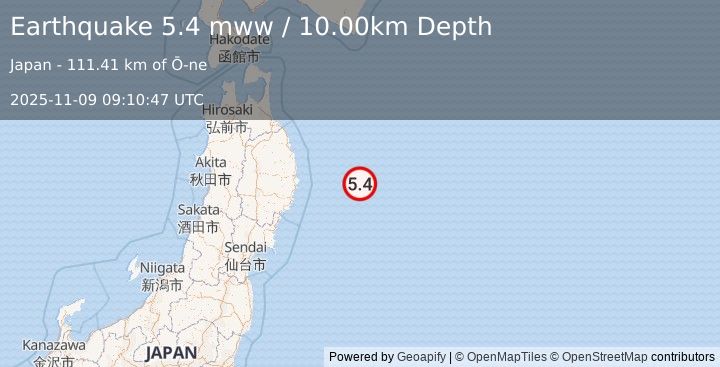 Earthquake 123 km E of Yamada, Japan (5.4 mww) (2025-11-09 09:10:47 UTC)