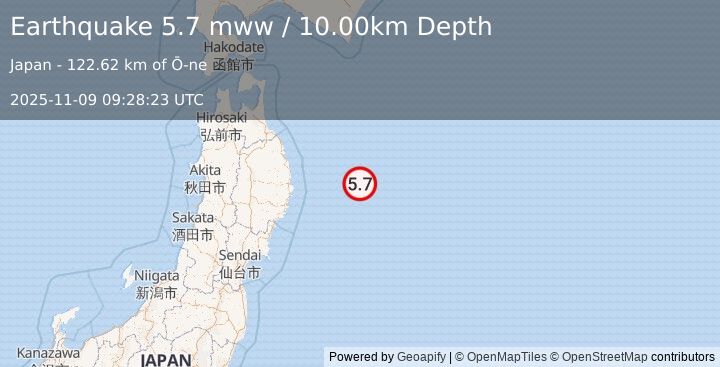 Earthquake 134 km E of Miyako, Japan (5.7 mww) (2025-11-09 09:28:23 UTC)