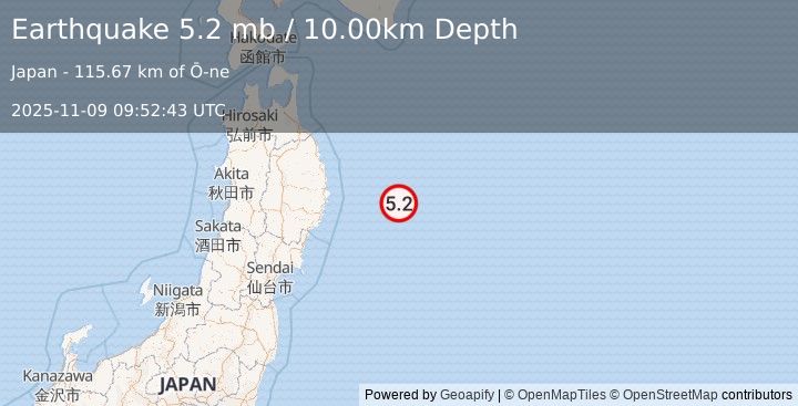 Earthquake 126 km E of Yamada, Japan (5.2 mb) (2025-11-09 09:52:43 UTC)